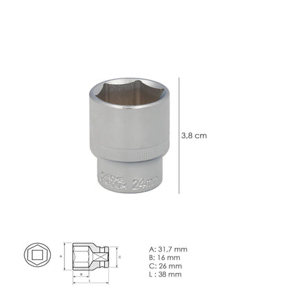 Llave Vaso 1/2 Hexagonal 24 Mm. Perfil De 6 Caras. Acero Cromo Vanadio, Aristas Redondas