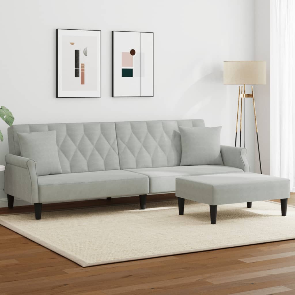 Sofá Cama 2 Plazas Con Almohadas Taburete Terciopelo Gris Claro / Vetonek_2