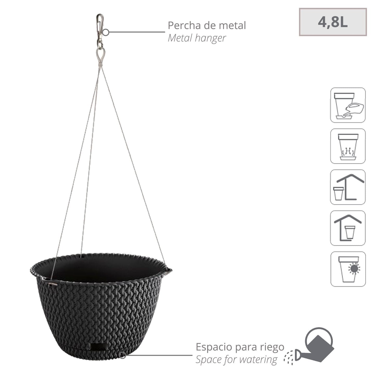 2x Maceta Redonda Colgante 4,8l Prosperplast Splofy Round Ws De Plastico En Color Antracita, Ø27 X 16,6 Cm_1