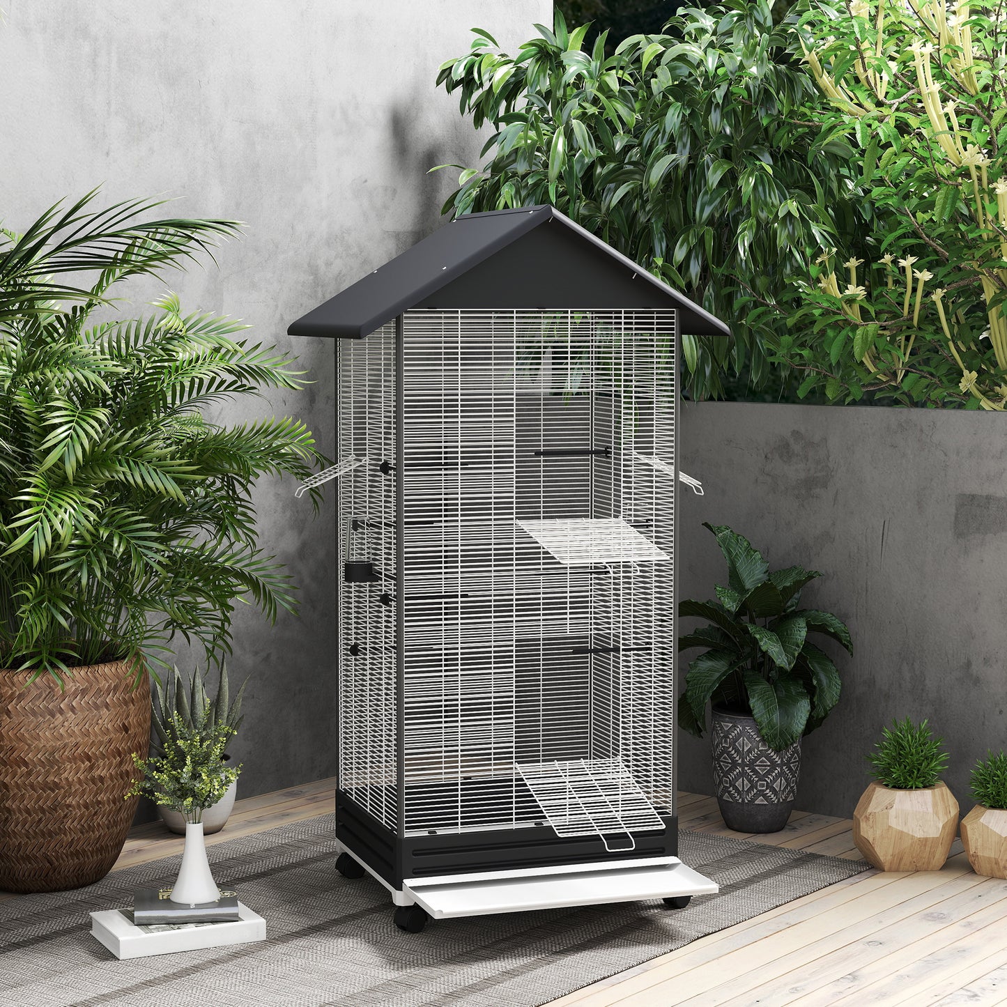 Pawhut Jaula Para Pájaros Con Ruedas Bandeja Extraíble 79x65x155 Cm Negro_4