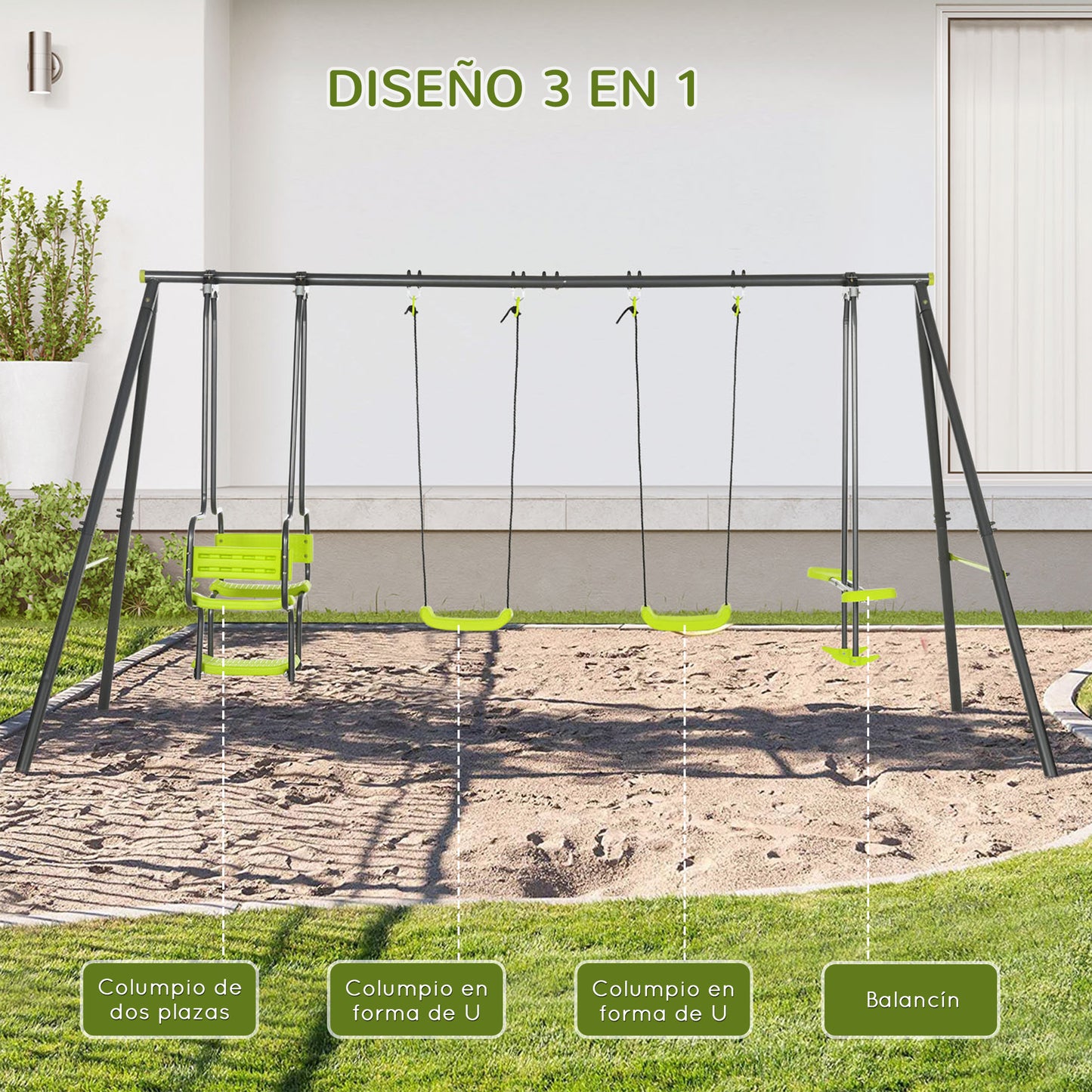 Outsunny Juego De Columpio Infantil Exterior Con 2 Columpios 355x184x186cm Verde_3