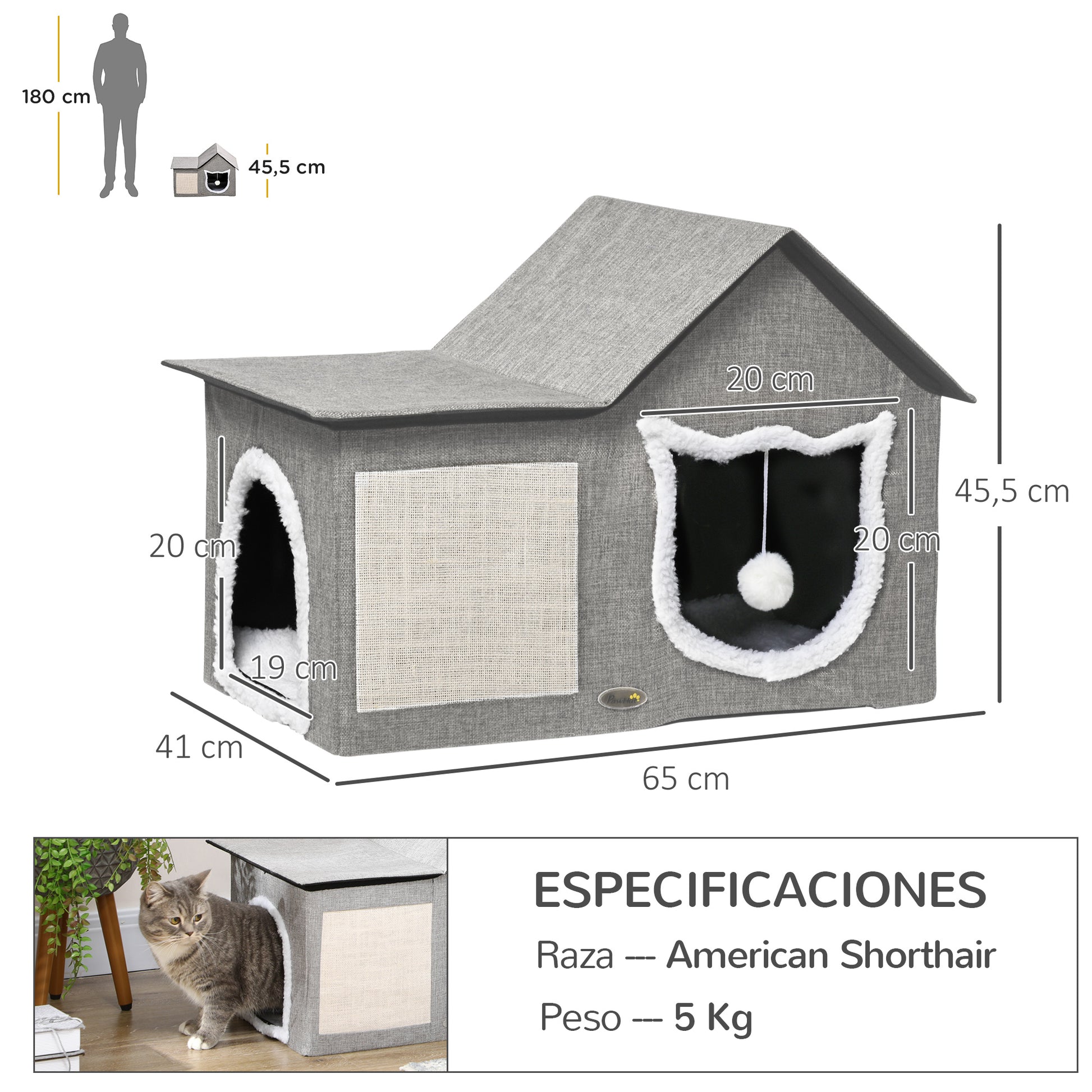 Pawhut Caseta Para Gatos Con Almohadilla Para Rascar Cojín Suave 65x41x45,5 Cm_2