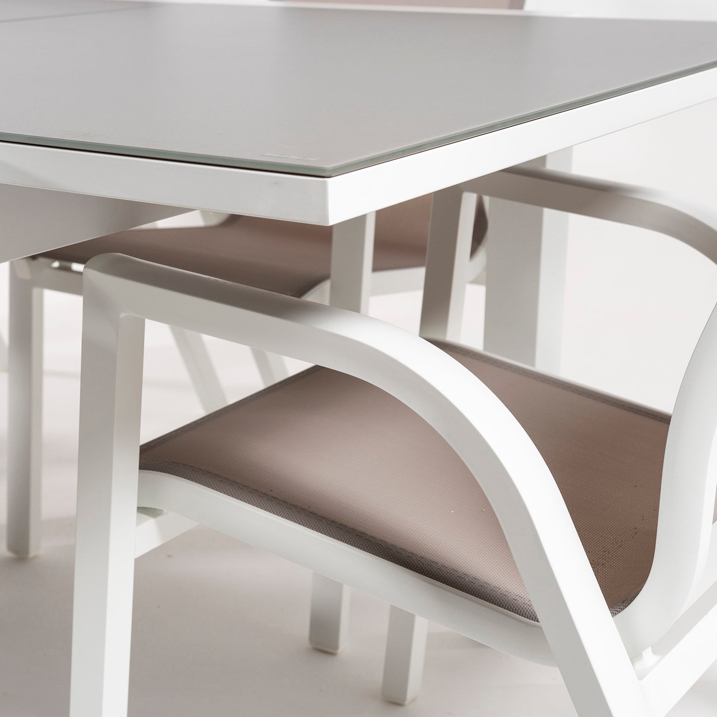 Conjunto Muebles Exterior, Mesa Extensible 160/210, Sillones Apilable, 6 Plazas, Aluminio Blanco, Textilene Taupé_4
