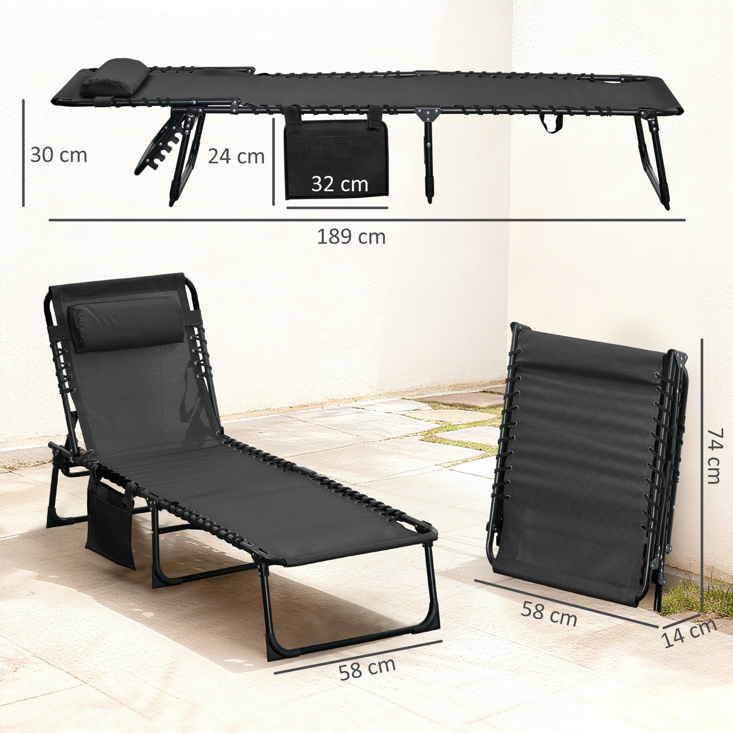 Outsunny Tumbona Plegable Respaldo Ajustable Y Reposacabezas 189x58x30 Cm Negro_2