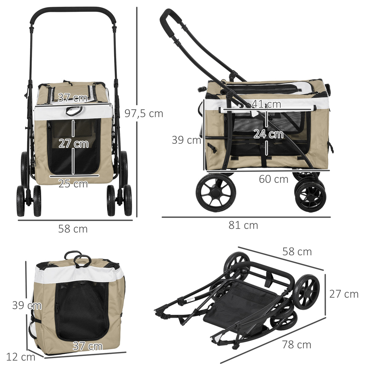 Pawhut Carrito Para Perros Plegable Con Vagón Desmontable Y Cojín Caqui_2