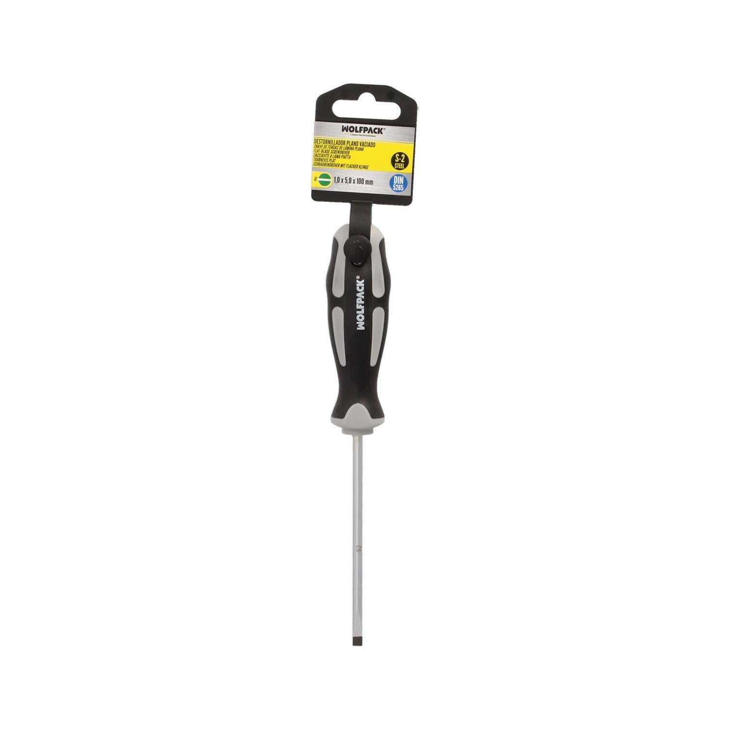 Destornillador Plano Vaciado Acero S2 Mango Tpr Bimaterial. Medida 1,0 X Ø 5,0 X 100 Mm.  Din5265_3