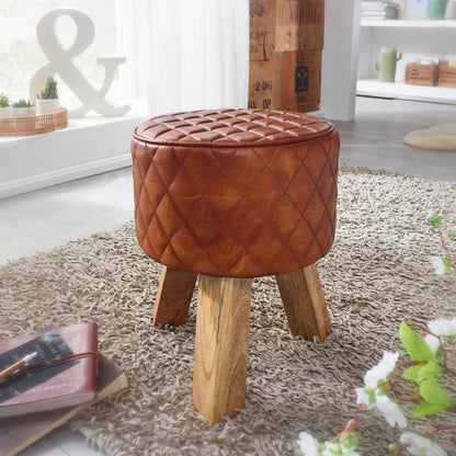 Taburete Cuero Y Madera Maciza 35x46x35 Cm_1