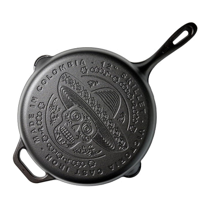 Victoria Sartén Hierro Fundido Esmaltado Diseño Calaca Inducción 30cm Apta Fuego, Horno Cast Iron Skillet, Calaca, Negro_0