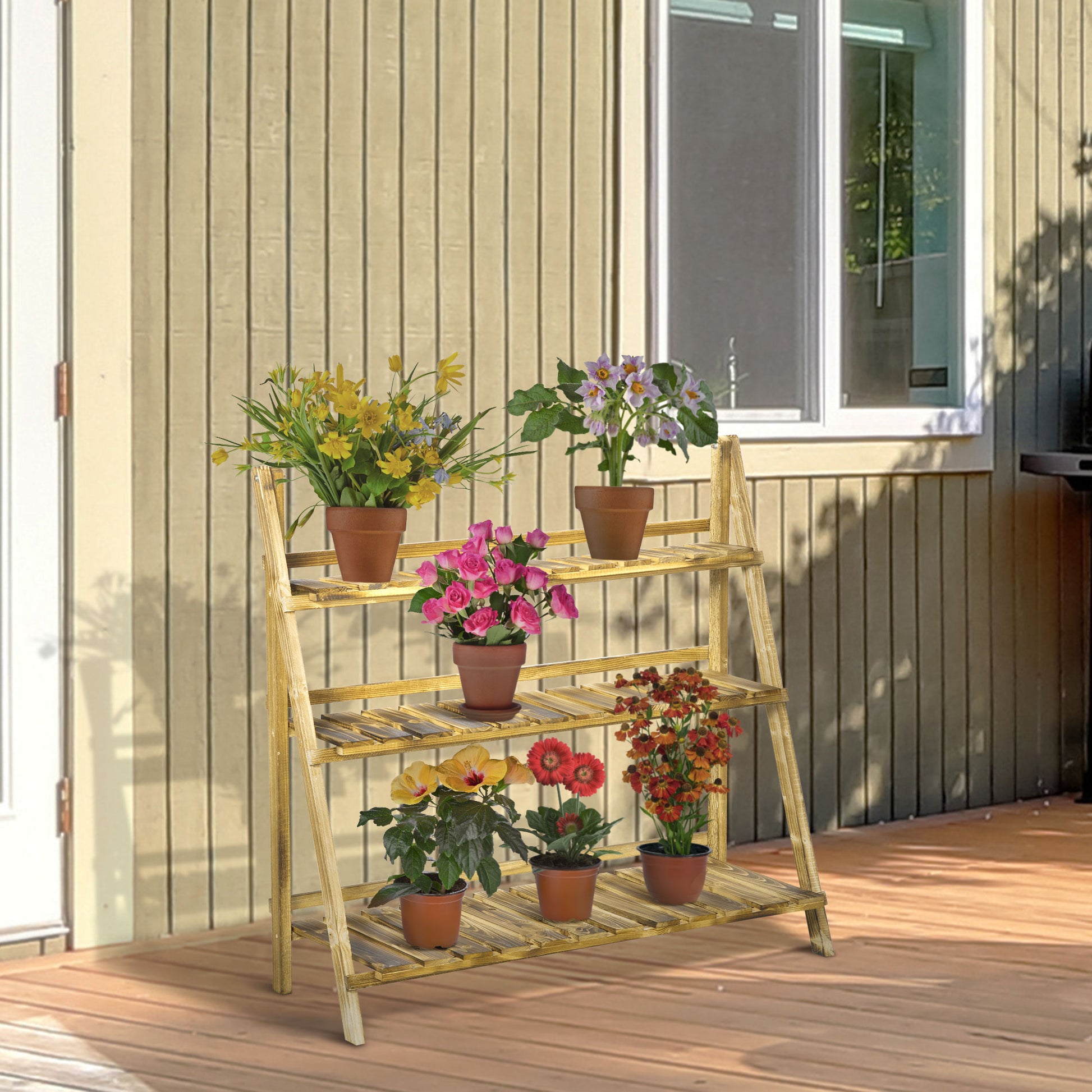 Outsunny Soporte Para Plantas De Madera De 3 Niveles 100x37x93 Cm Carbonizado_1