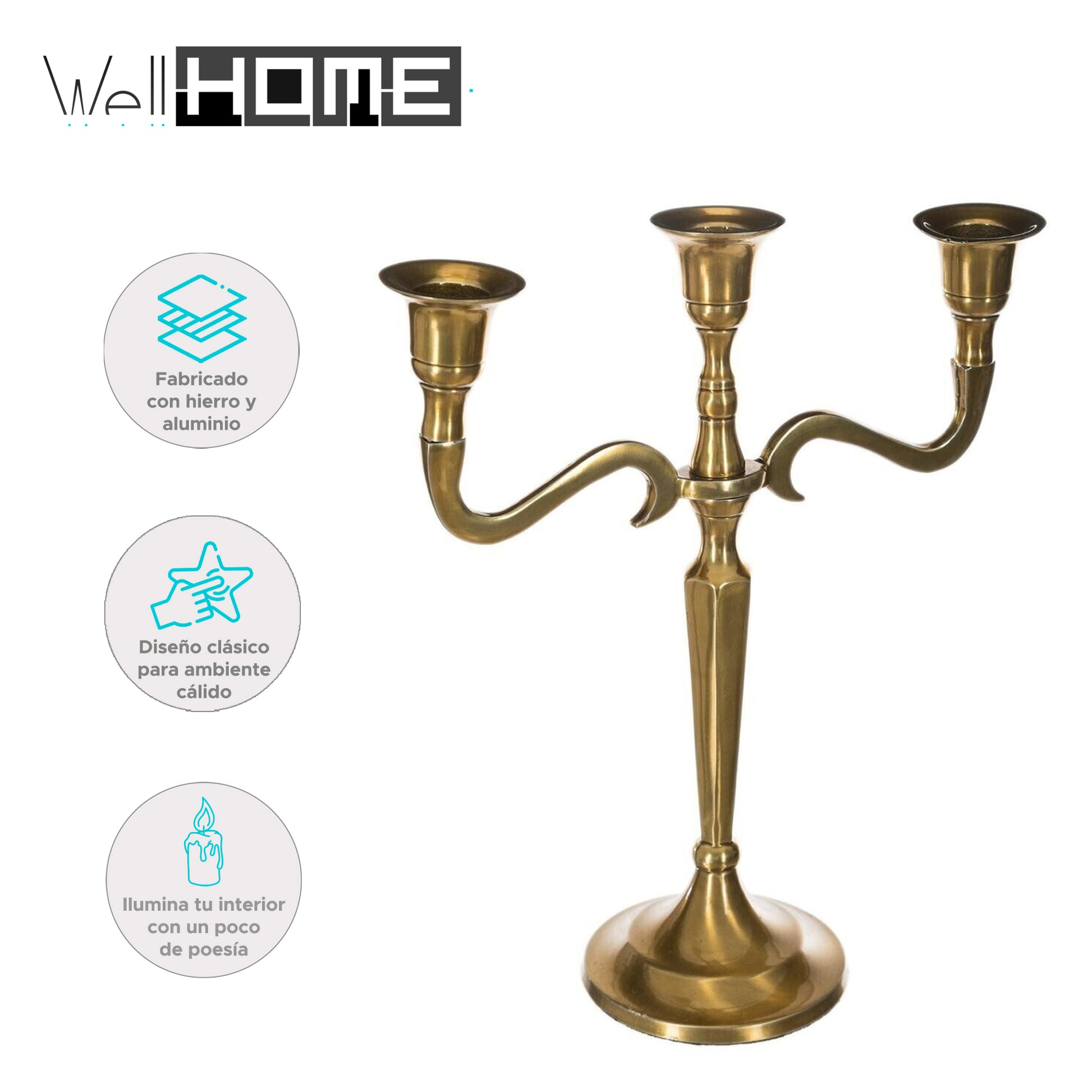 Wellhome Portavelas Metal Dorado 3 Cabezas_1
