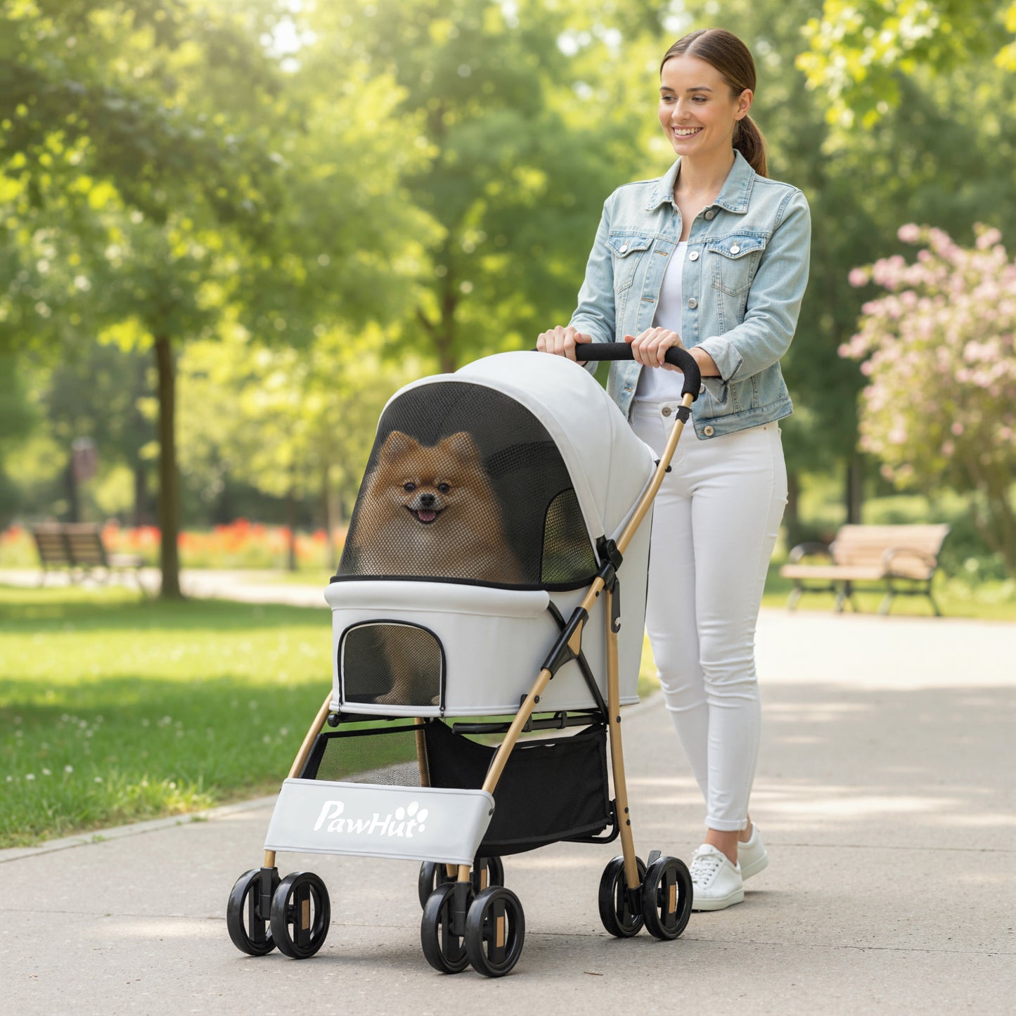 Pawhut Carrito Para Perros Plegable Con 2 Puertas 80x44,5x97 Cm Gris Claro_1