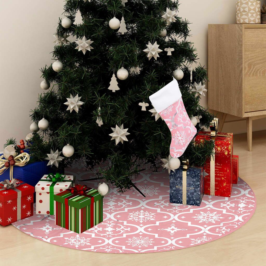 Vidaxl Falda Del Árbol De Navidad De Lujo Con Calcetín Tela Rosa 150cm_1