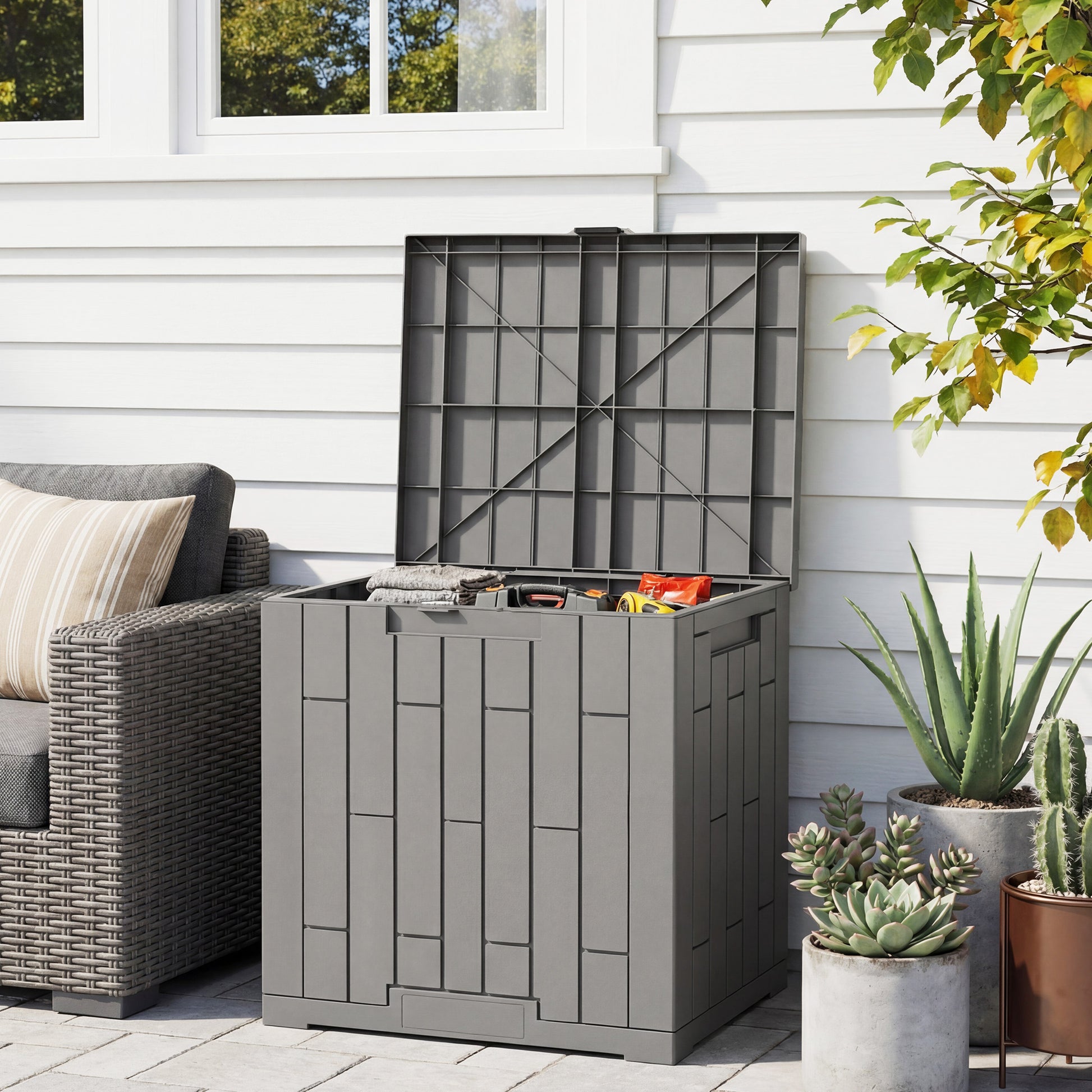 Outsunny Arcón Exterior 114l De Pp Con Cerradura Resistente Al Agua Anti-uv Gris_1
