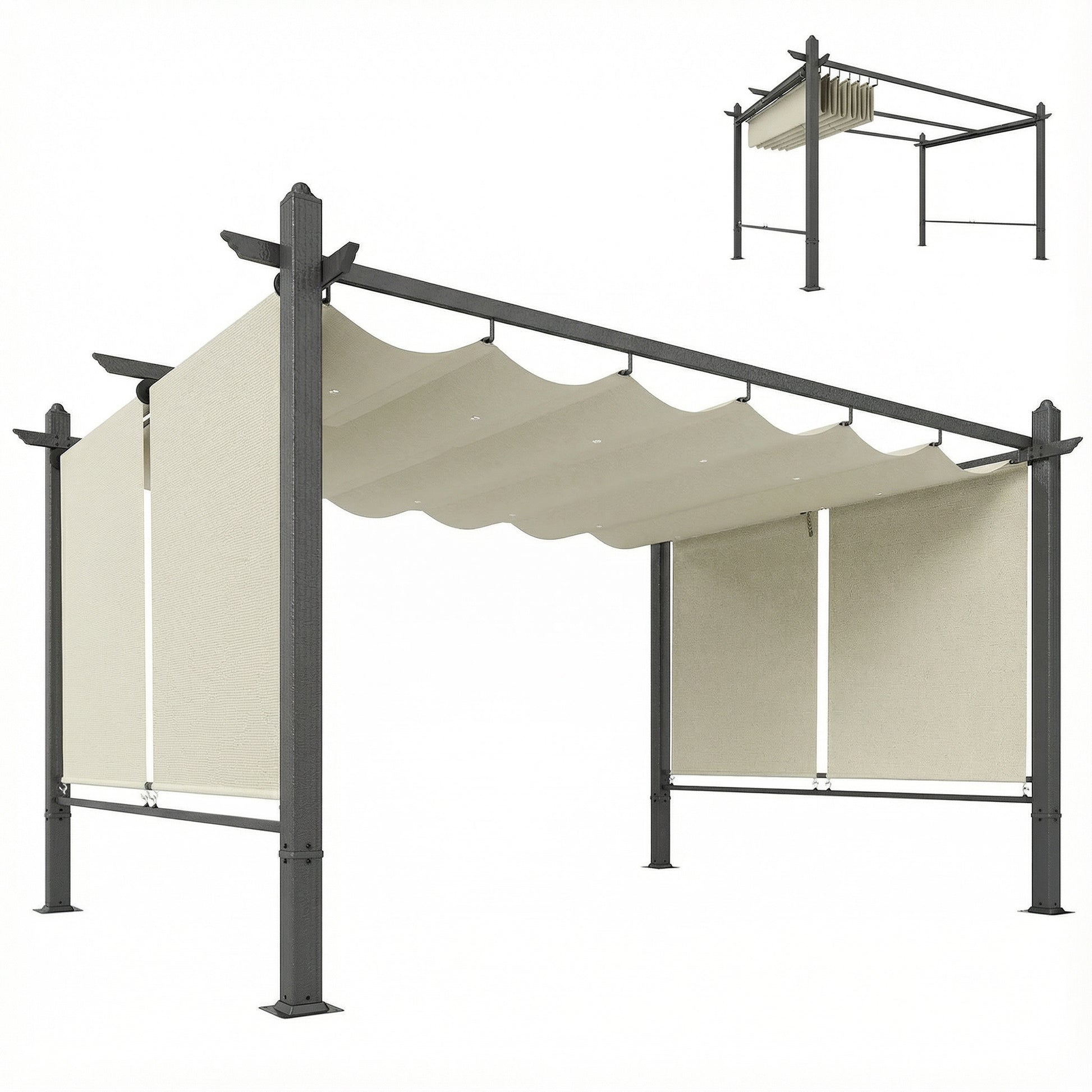 Outsunny Pérgola De Jardín 4x3 M Con Techo Retráctil Y 4 Cortinas Enrollables Automáticas_0