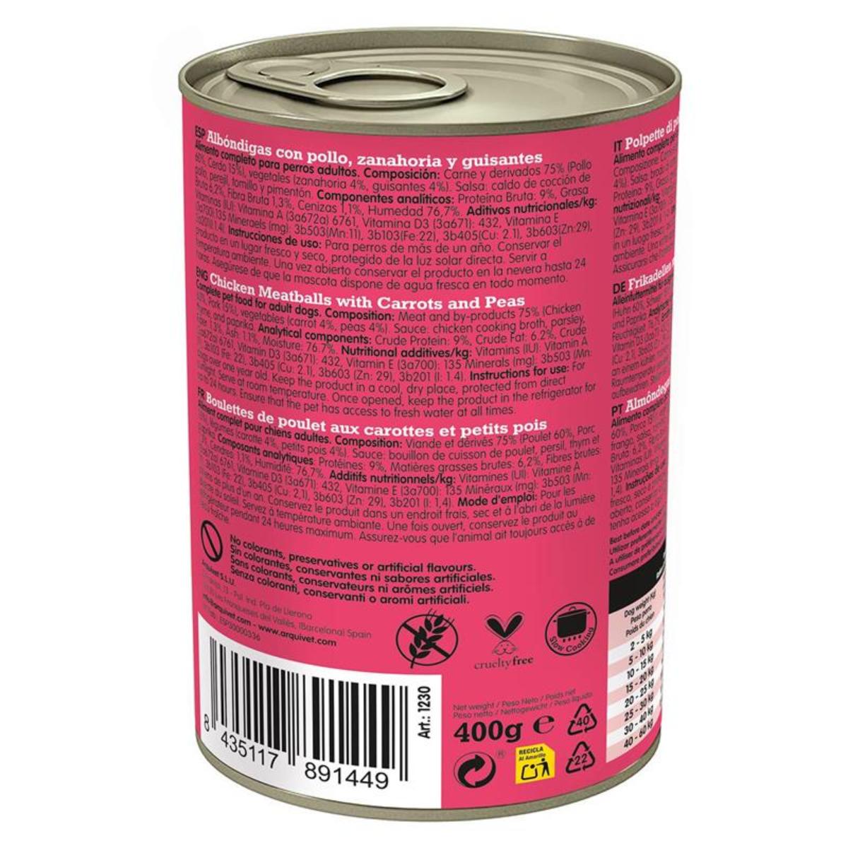 Fresh Chicken Meatballs Arquivet 400 g Comida húmeda para perro con pollo, zanahoria y guisantes