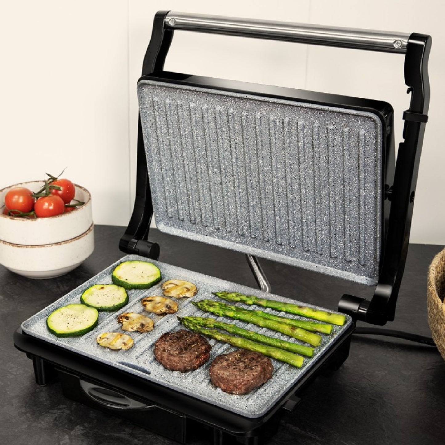 Parrilla Eléctrica Rock'ngrill 1500 Rapid, 1500 W, Revestimiento De Piedra Rockstone, Placa Superior Adaptable En Altura, Bandeja Recogegrasas, Reve_1