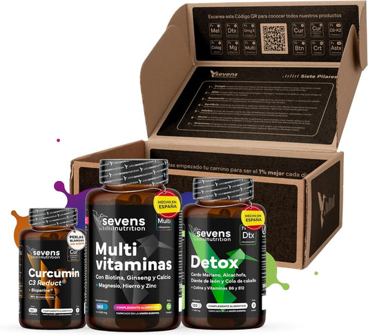 Pack Detox: Detox, Cúrcuma Y Multivitaminas. Sevens Nutrition. Limpieza Hepática Y Energía