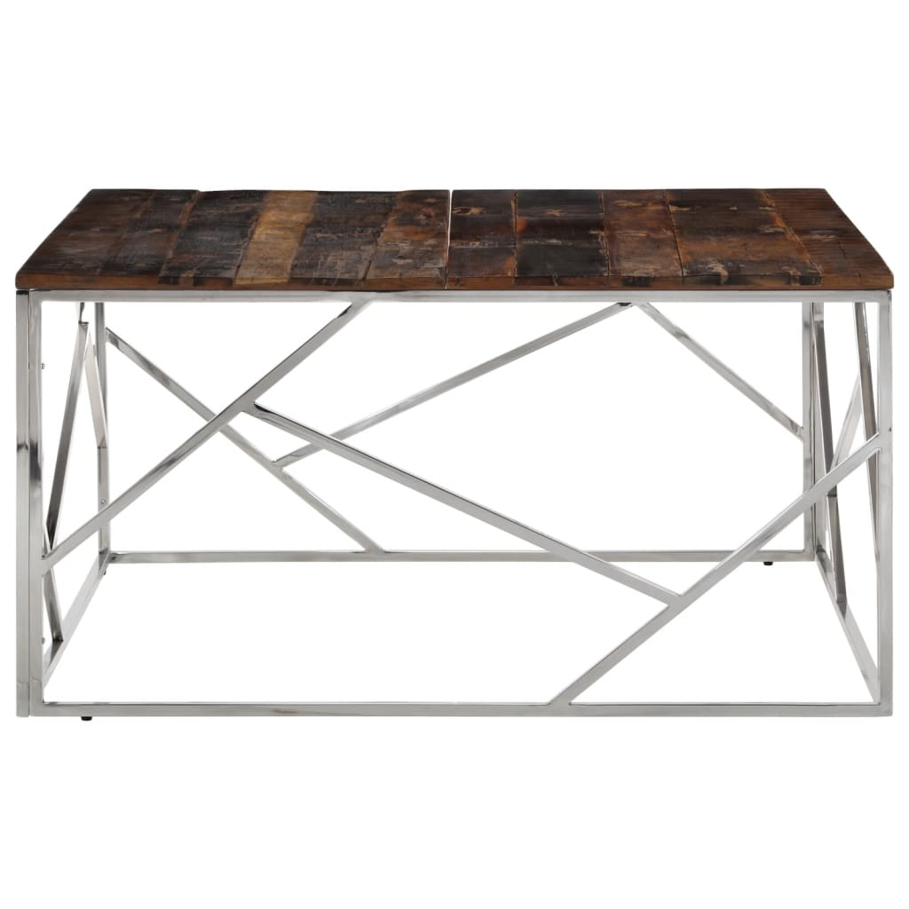 Mesa De Centro Acero Inoxidable Madera Maciza Traviesa Plateado_1