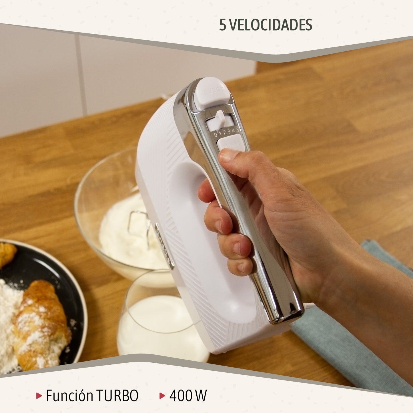 Briebe Batidora De Varillas Eléctrica 400w Amasadora De Mano Especial Repostería 5 Velocidades + Turbo, Hm1174wht,blanco_2