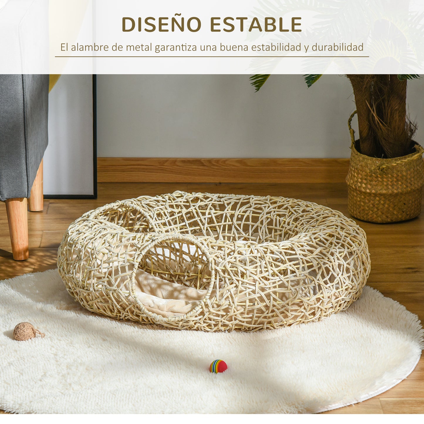 Pawhut Cama Para Gatos De Ratán 78x69x22cm Cesta Para Gatos Rolliza Cojín Suave_3