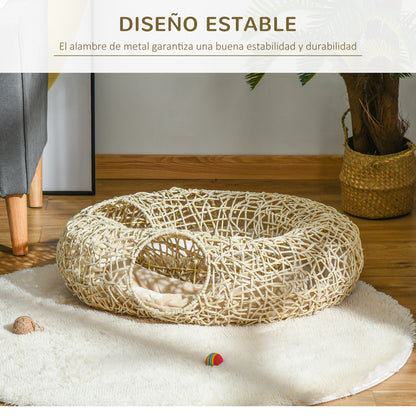 Pawhut Cama Para Gatos De Ratán 78x69x22cm Cesta Para Gatos Rolliza Cojín Suave_3