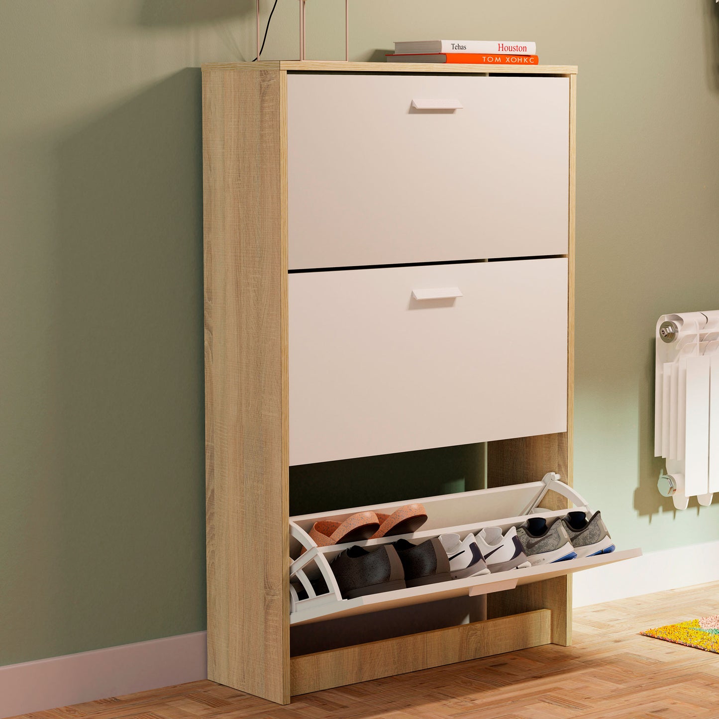 Zapatero Entrada Recibidor, Mueble Auxiliar Estrecho Zapatos, 3 Puertas, Madera 119,5x74x25 Cm, Briebe, Nova, Blanco