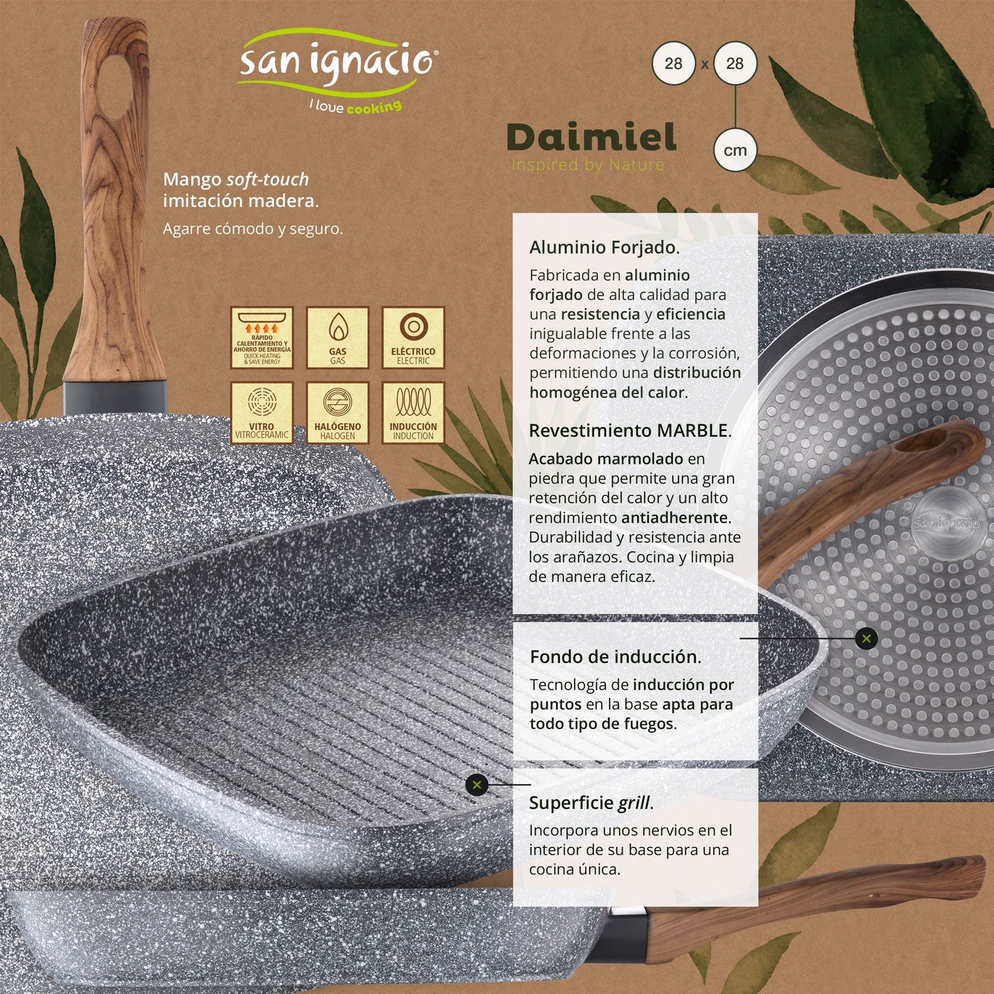 Batería de Cocina San Ignacio Premium Nona 8 Pzas Acero Inoxidable con Sartenes (18/22 cm) y Grill 28x28 cm_4