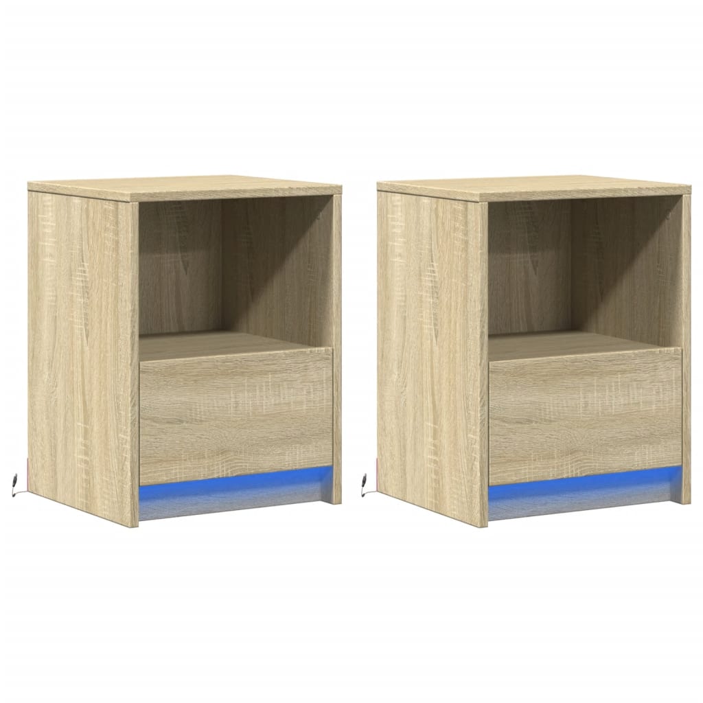 Mesitas De Noche Luces Led 2 Uds Madera Ingeniería Roble Sonoma_1