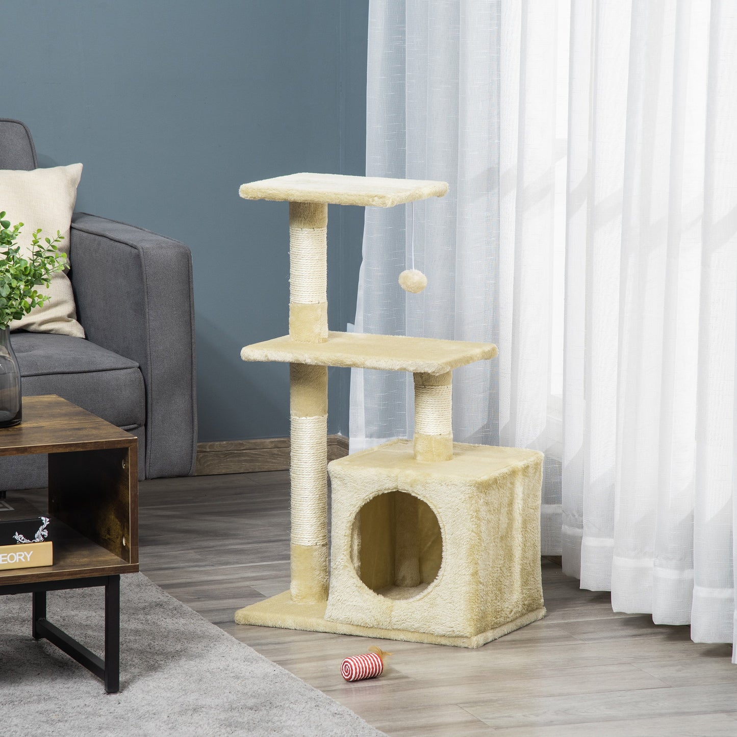 Pawhut Árbol Rascador Para Gatos 50x30x81,5 Cm Con Postes Plataformas Caja Bola_1