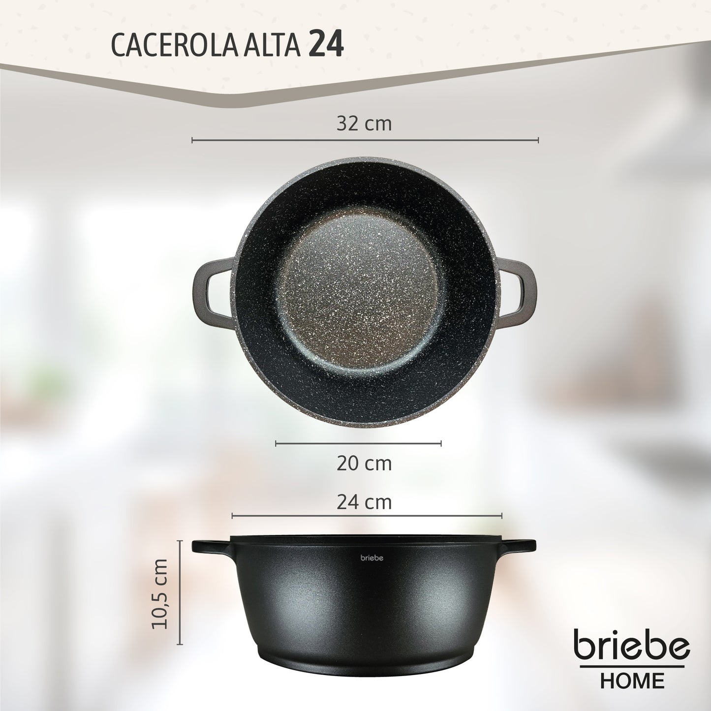 Briebe Cacerola Cocina Inducción Antiadherente Titanio, Cazuela 24cm, Aluminio Fundido Sin Pfoa, Tapa, Black Titanium_2