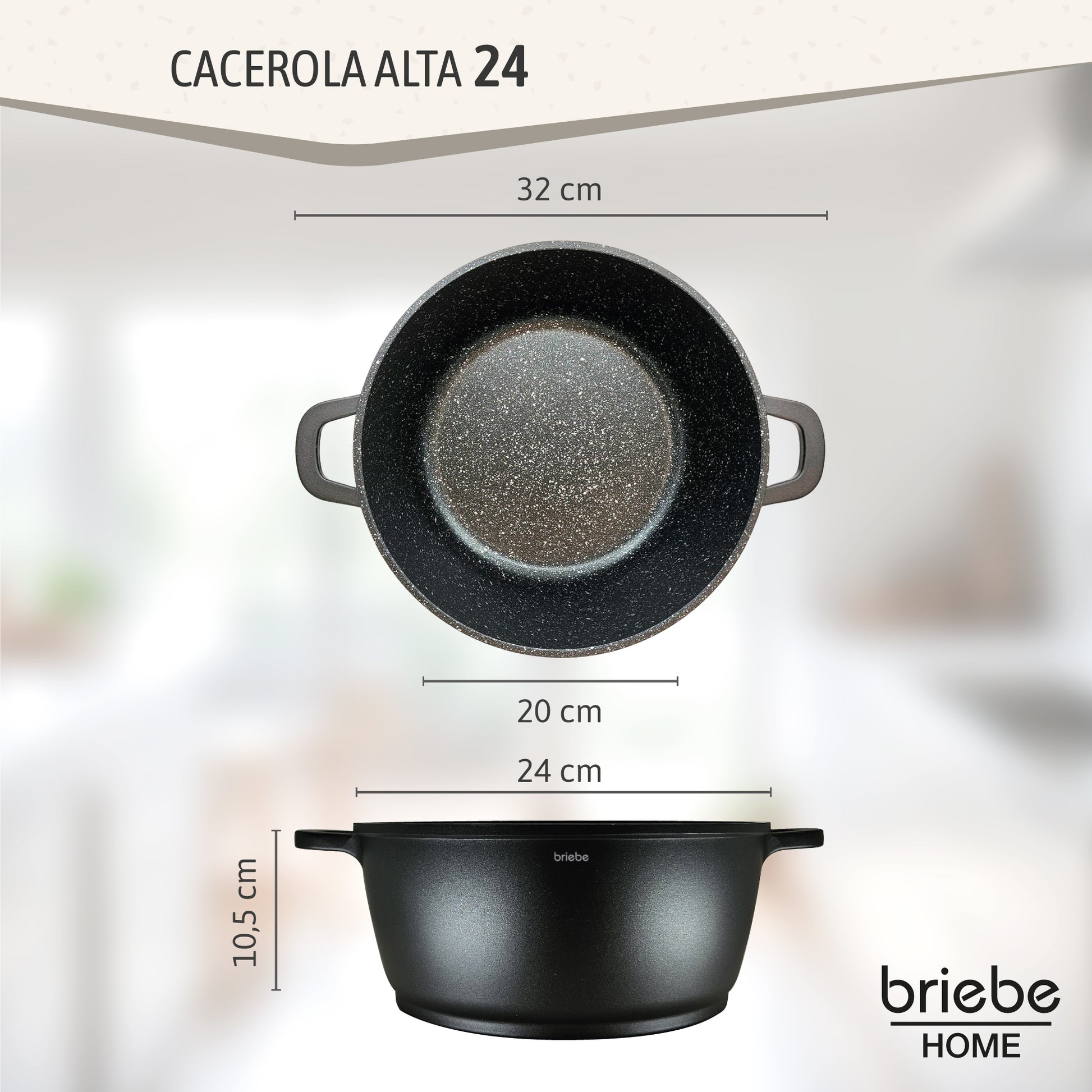 Briebe Cacerola Cocina Inducción Antiadherente Titanio, Cazuela 24cm, Aluminio Fundido Sin Pfoa, Tapa, Black Titanium_2