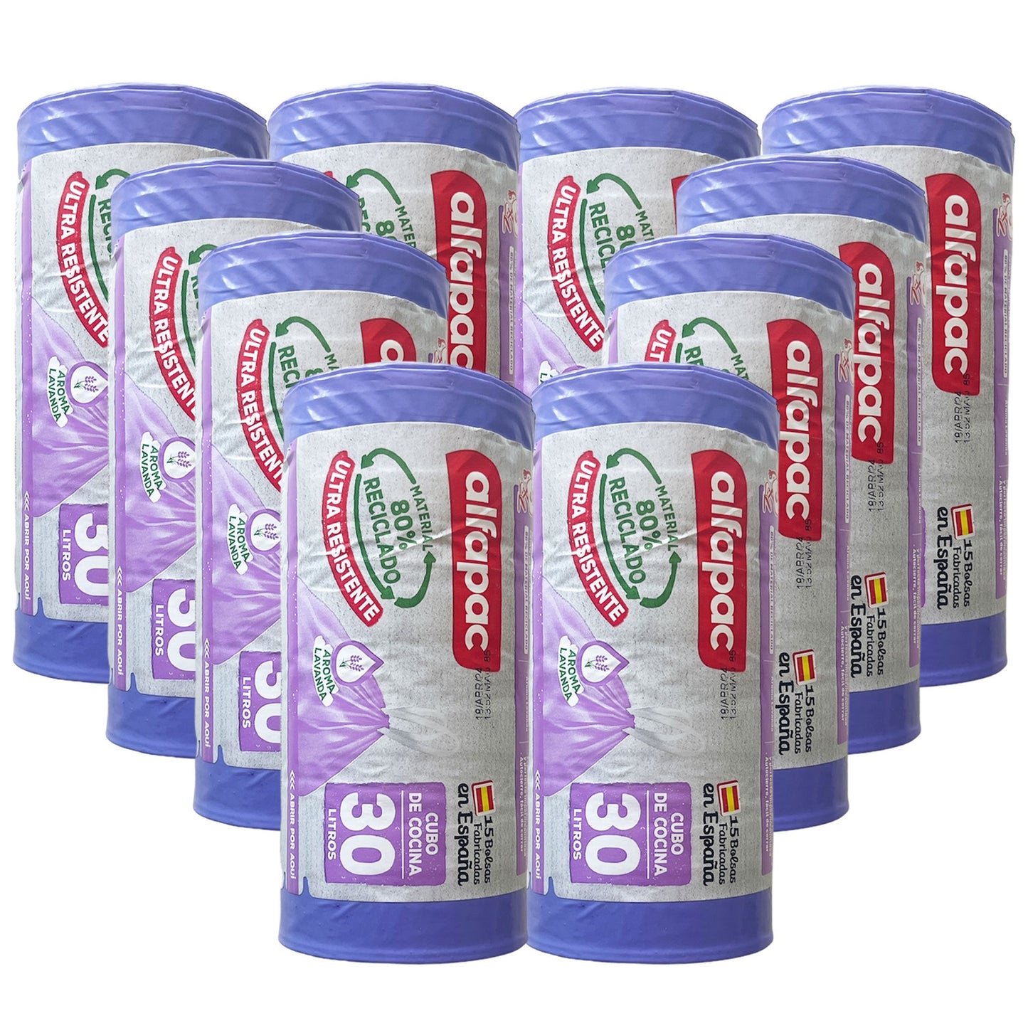 80% Reciclado 10 Rollos De 15 Bolsas De Basura 'lavanda' 30l Con Autocierre_0