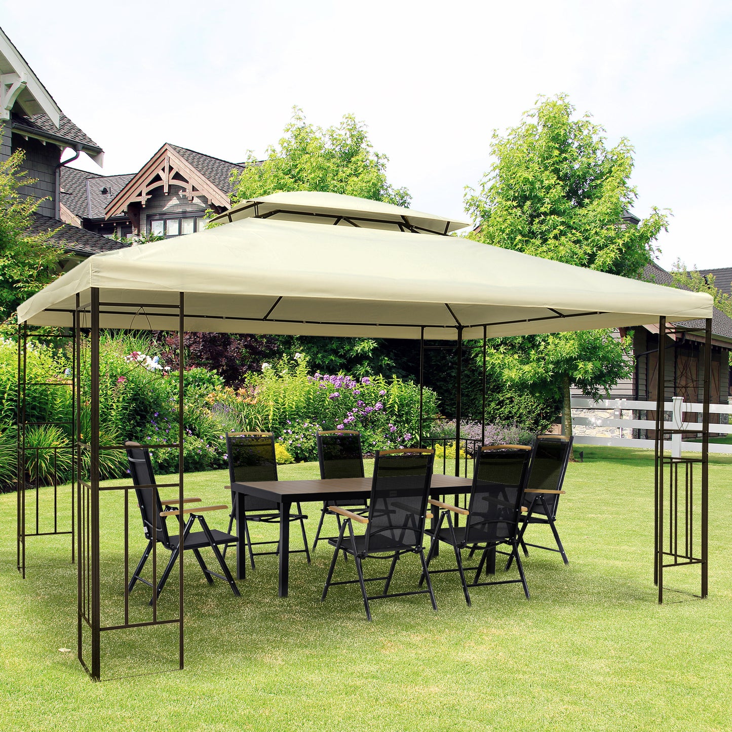 Outsunny Cenador De Jardín 4x3 M Pabellón De Jardín Con Doble Techo Crema_3