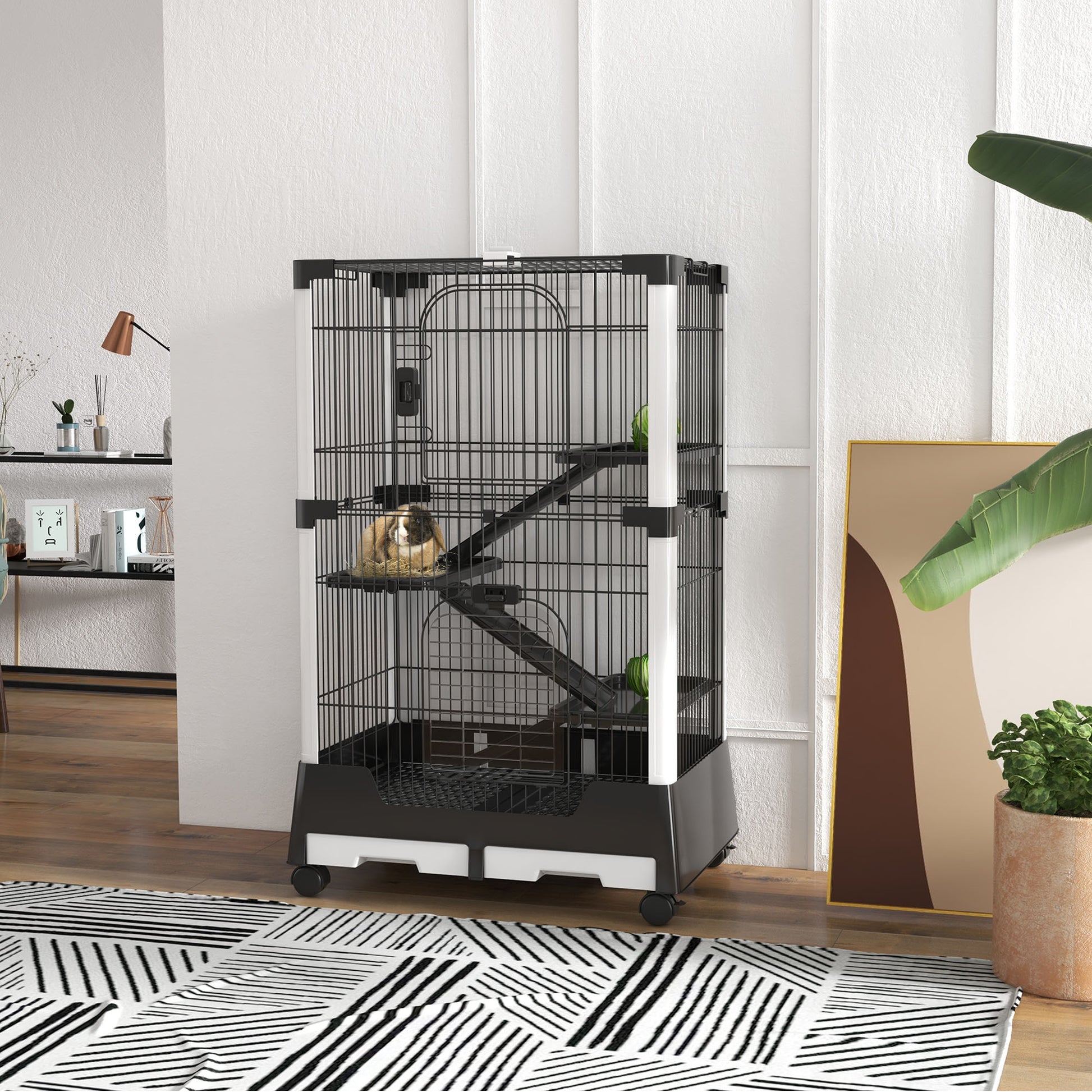 Pawhut Jaula Para Animales Pequeños Con Ruedas 114x75x50 Cm 3 Plataformas Negro_1