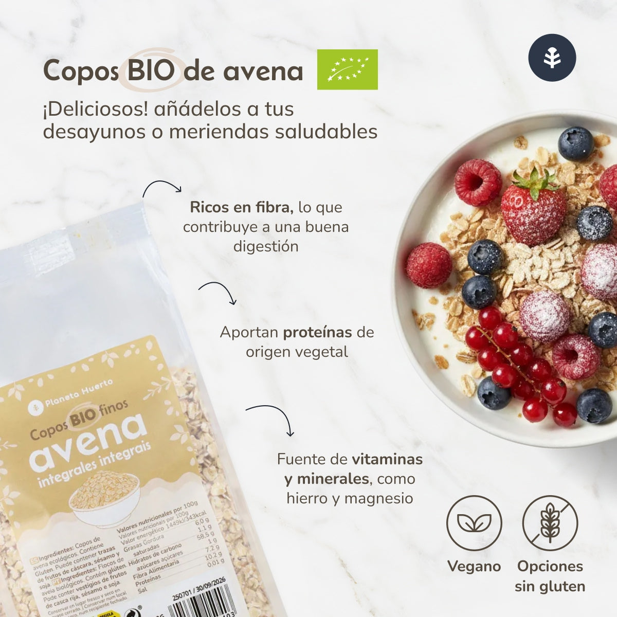 Pack 2x Copos de Avena integrales gruesos ECO Planeta Huerto 500 g