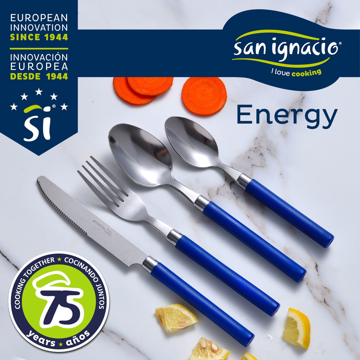 Pack De 3 Sartenes San Ignacio Ø16cm Ø20cm Ø24cm + Set De 24pc Cubertería En Acero Inoxidable Con Mangos De Color Azul_3