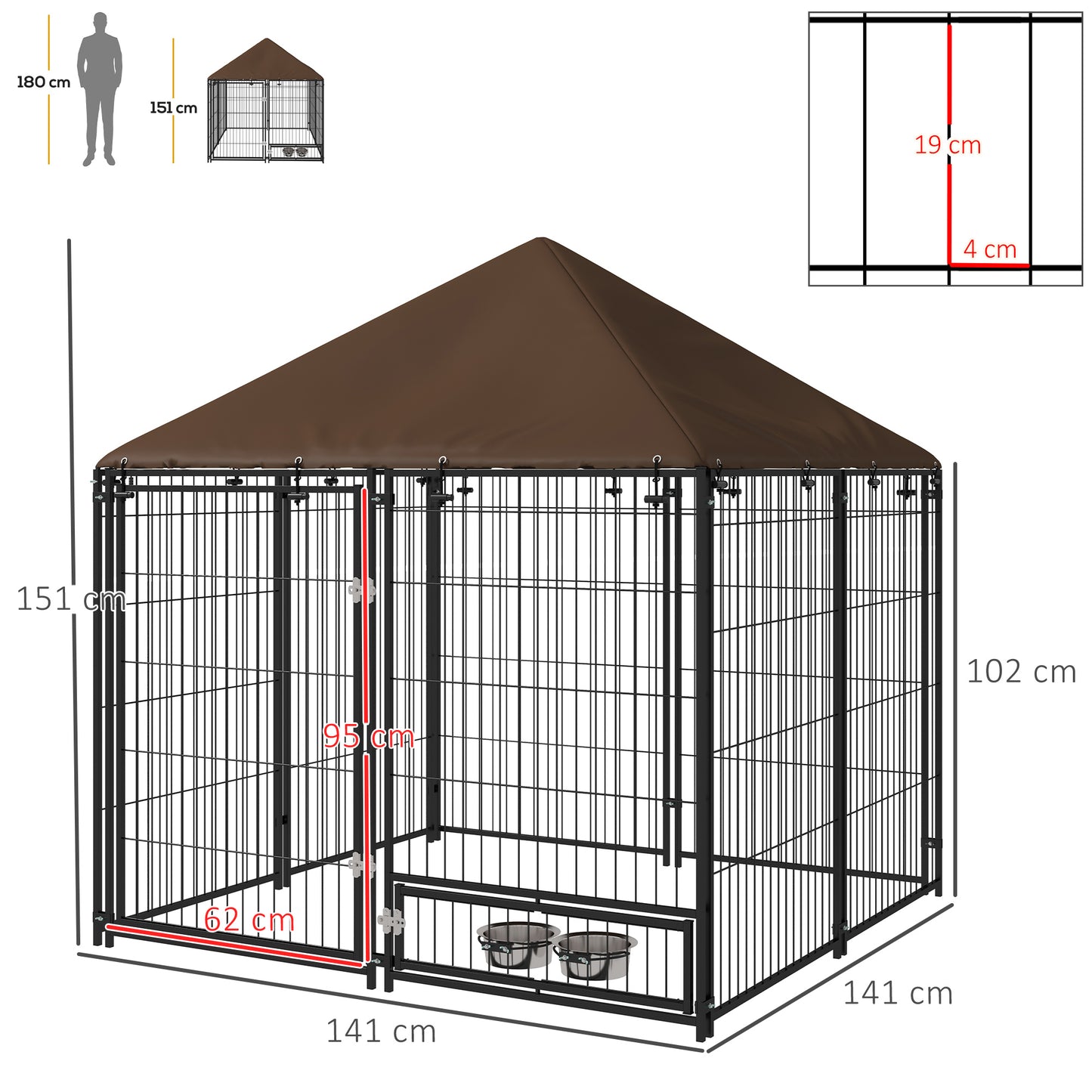 Pawhut Perrera Con Toldo Y 2 Cuencos Para Exterior 141x141x151 Cm Negro_2