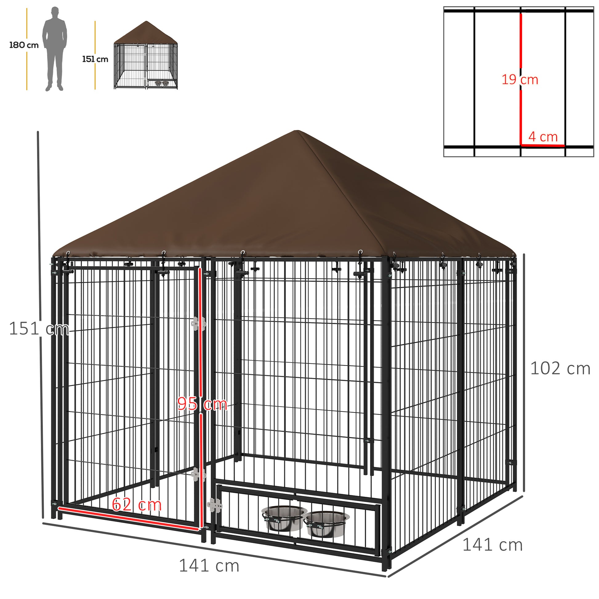 Pawhut Perrera Con Toldo Y 2 Cuencos Para Exterior 141x141x151 Cm Negro_2