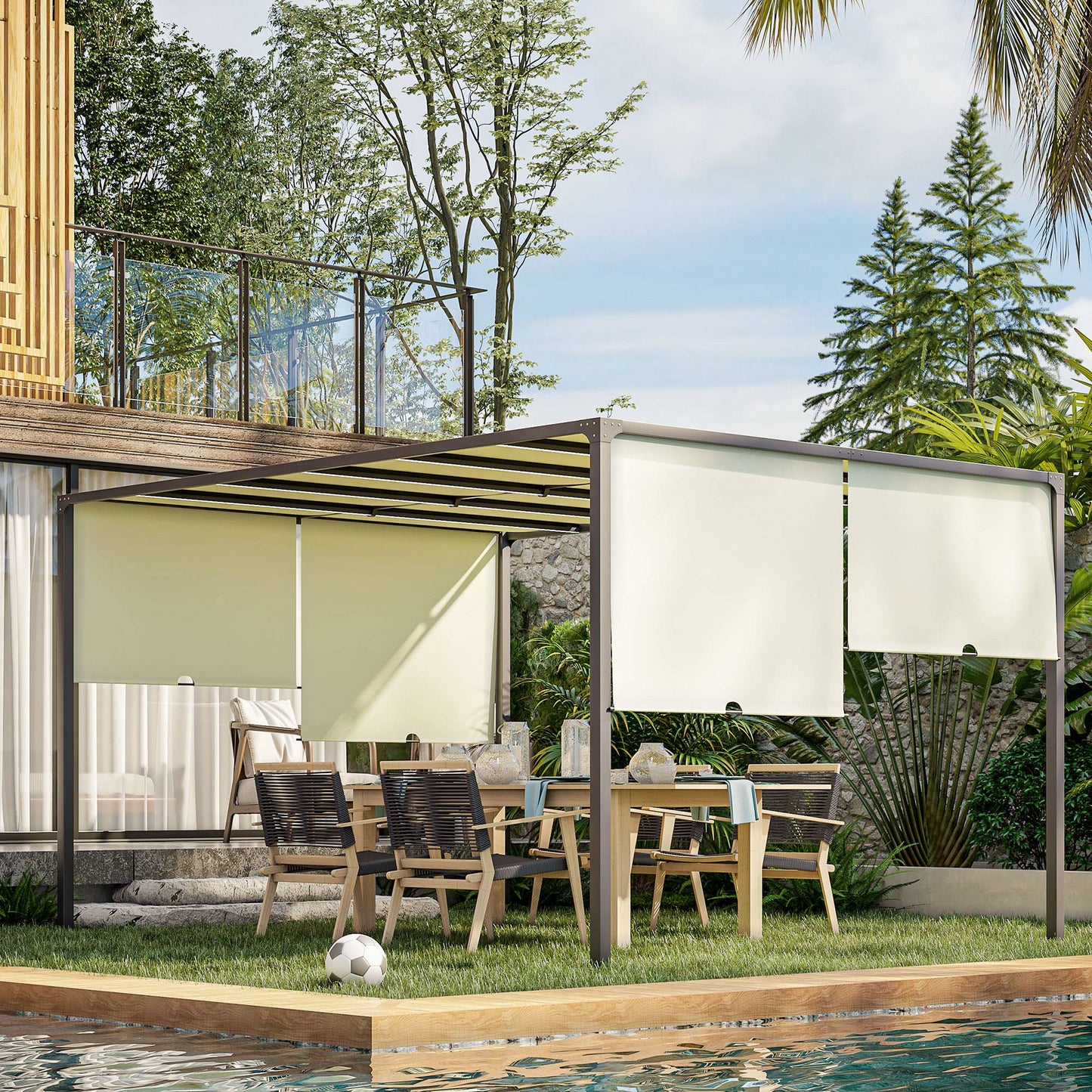 Outsunny Pérgola De Jardín 3x4 M Con Techo Deslizable Cenador Con Luces Led_1