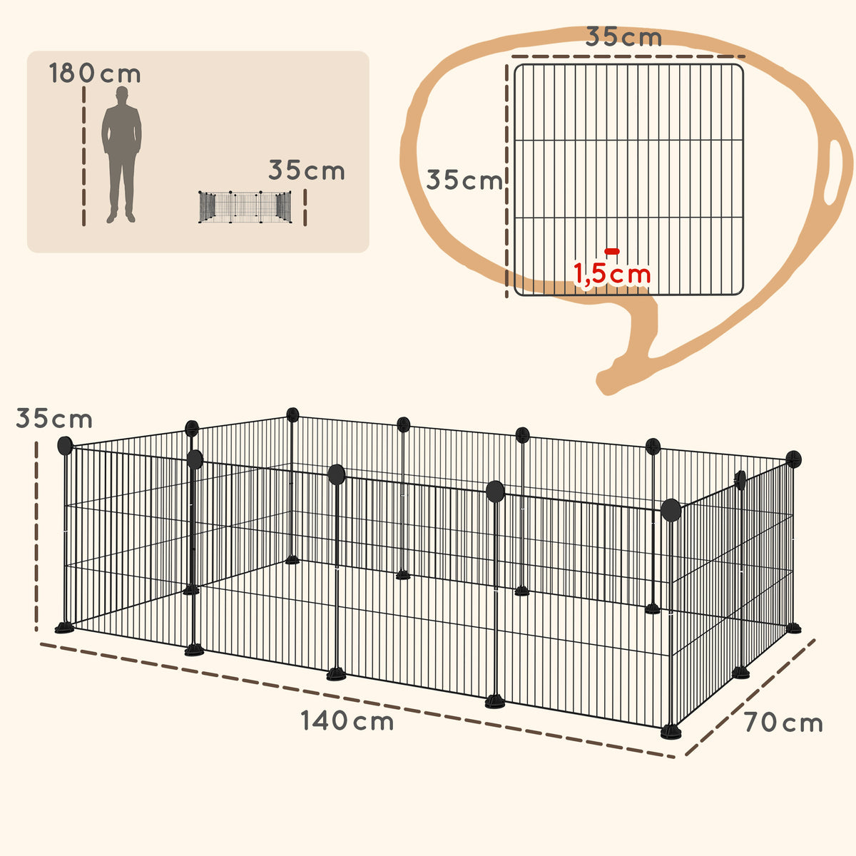 Pawhut Valla Metálica Para Mascotas Con 12 Paneles Diseño Diy 140x70x35 Cm Negro_2