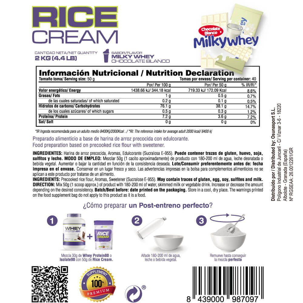 Rice Cream (crema De Arroz Pregelatinizada) - 2kg - Chocolate Blanco Con Leche Milkywhey - Fuente De Carb - Masmusculo S_5