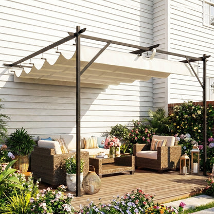 Outsunny Pérgola De Pared 3x3 M Con Techo Retráctil Upf30+ Blanco Crema_4