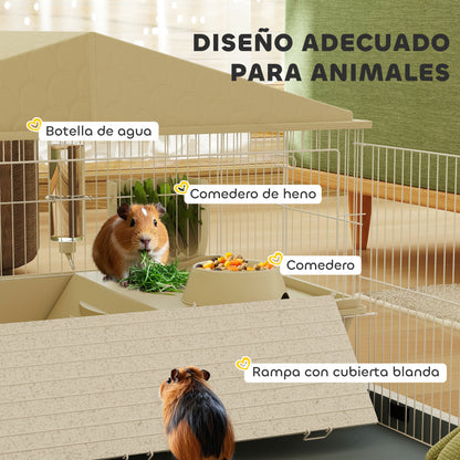 Pawhut Jaula Para Animales Pequeños Con Corral Desmontable 108x71x57 Cm Beige_4