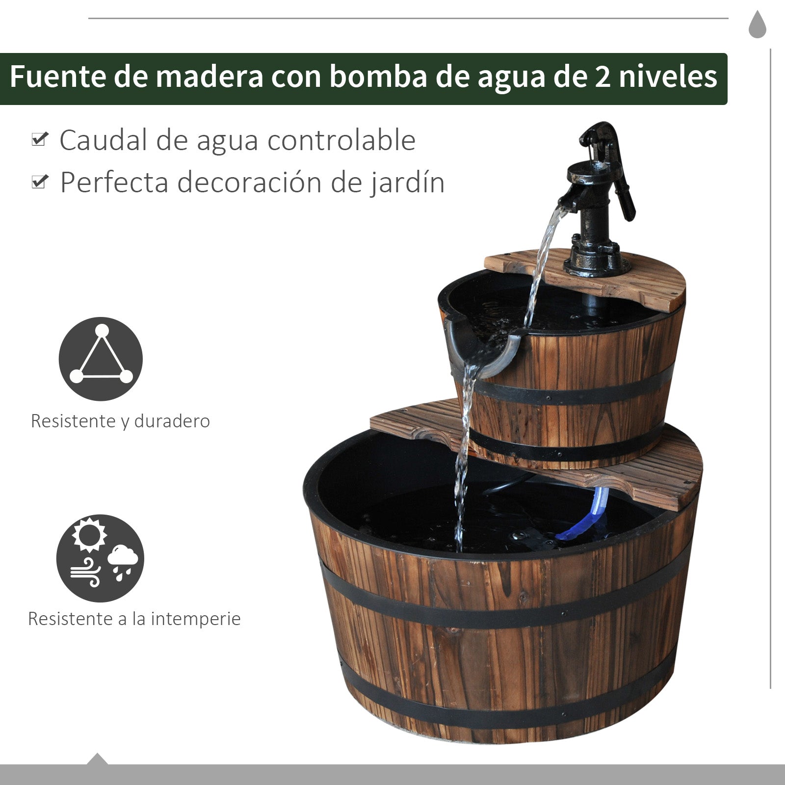 Outsunny Fuente De Agua De Madera En Cascada De 2 Niveles Con Bomba Eléctrica_3