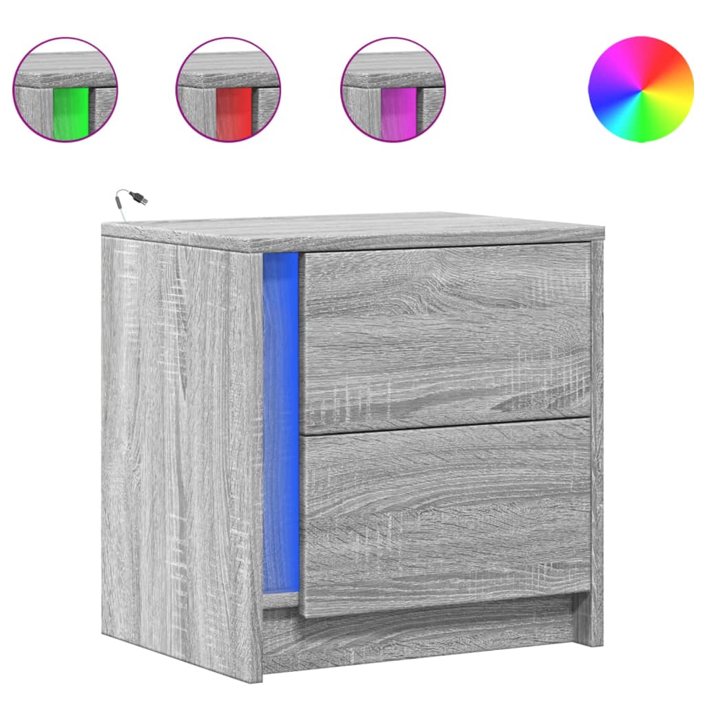Mesita De Noche Con Luces Led Madera De Ingeniería Gris Sonoma_0