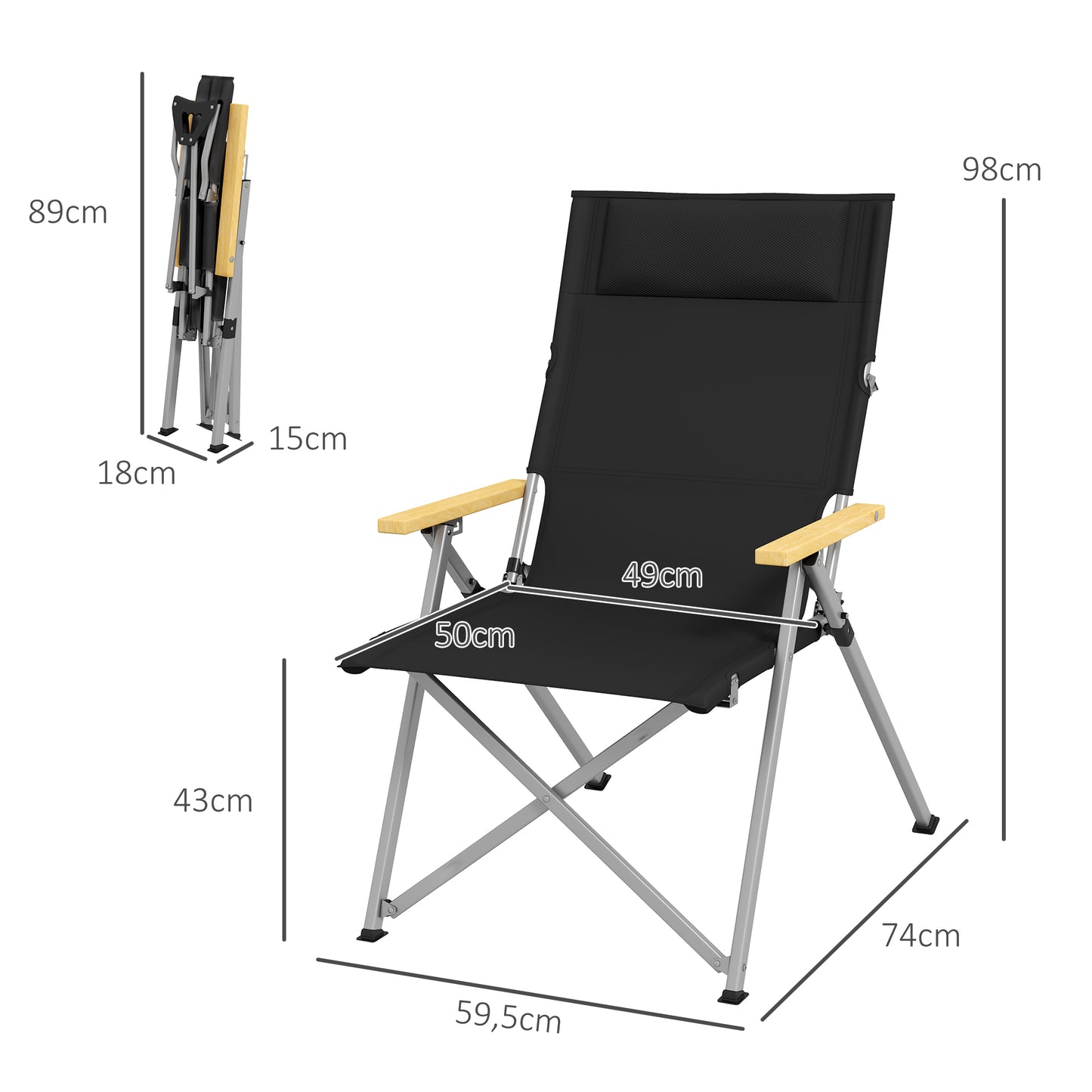 Outsunny Silla De Camping Plegable De Aluminio Respaldo Ajustable 74x59,5x98 Cm_2