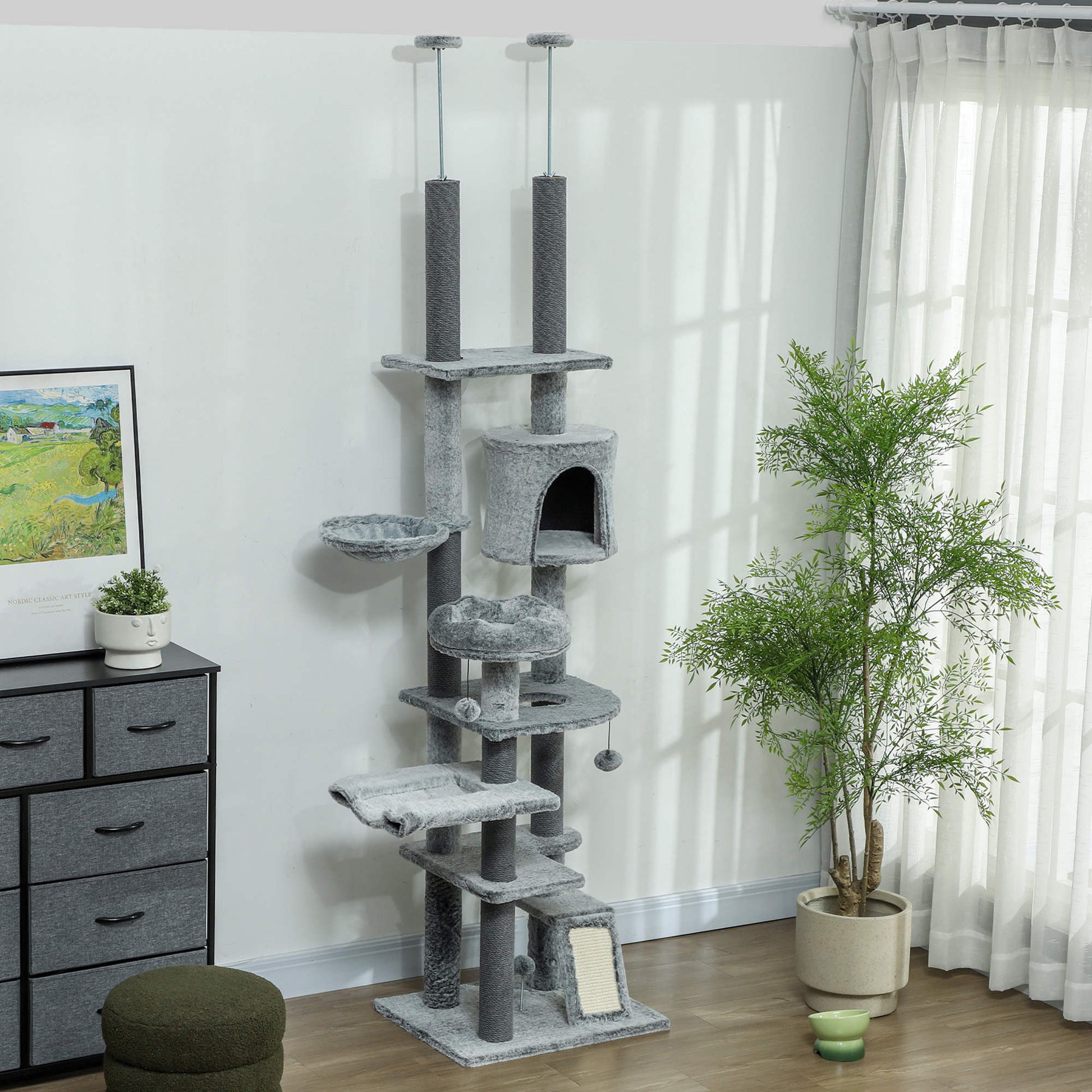 Pawhut Árbol Para Gatos De Suelo A Techo De 225-255 Cm Con Altura Ajustable Gris_1