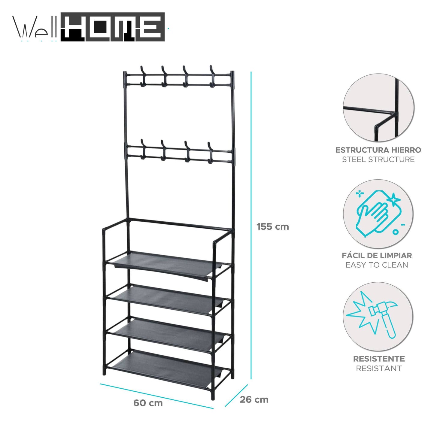 Well Home Perchero Con Estructura De Hierro Acabado Negro, Con 4 Estantes De Organización H.155cm