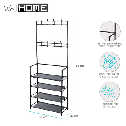 Well Home Perchero Con Estructura De Hierro Acabado Negro, Con 4 Estantes De Organización H.155cm