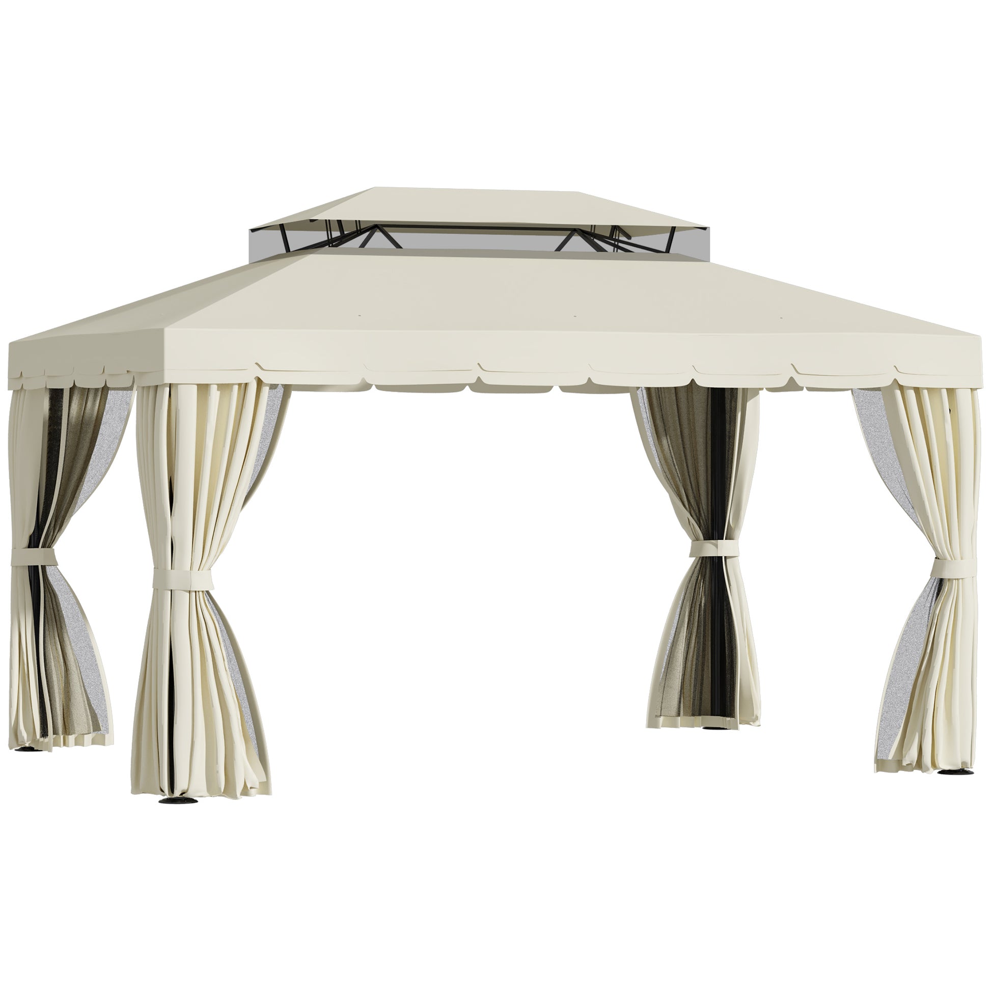 Outsunny Cenador De Jardín 4x3 M Con Doble Techo 4 Cortinas 4 Mosquiteras Crema_0